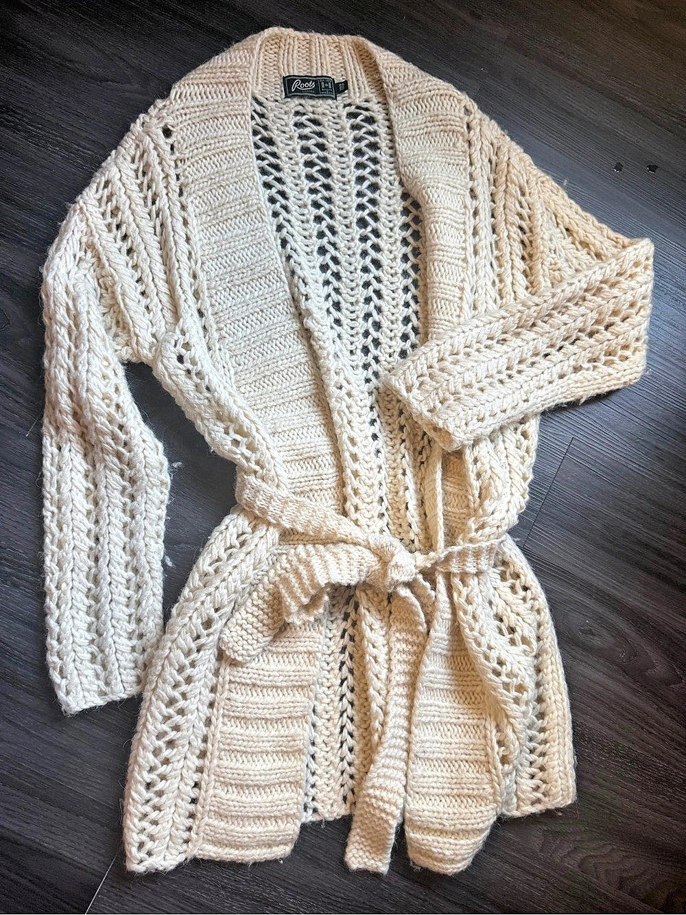 Roots Open Knit Belted Cardigan in Cream Size Medium